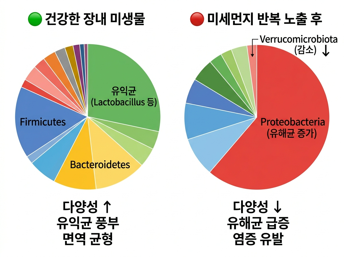 장내미생물 미세먼지, PM2.5 장내미생물 다양성, 프로테오박테리아 증가, 미세먼지 유익균 감소