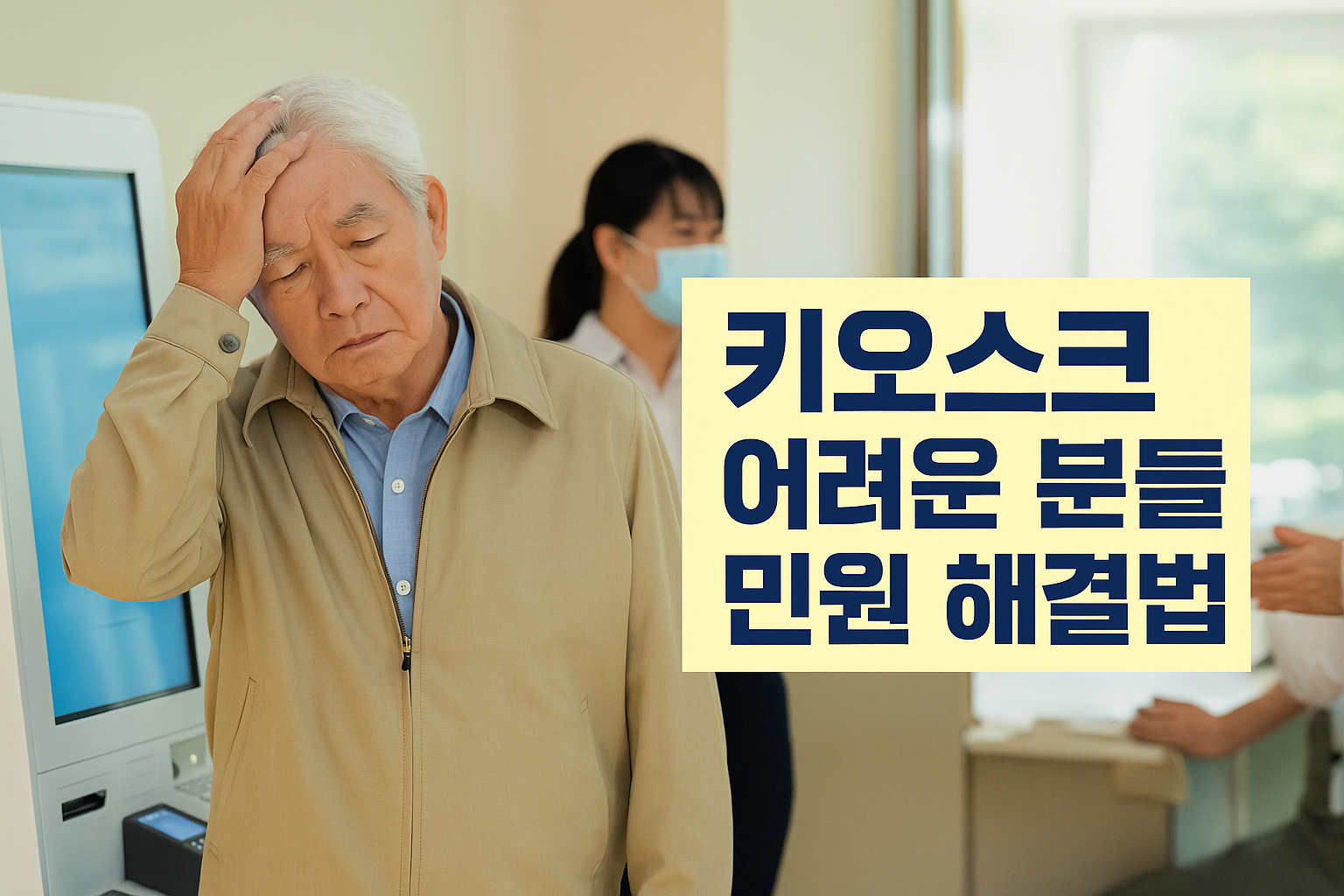 키오스크 앞에서 어려움을 겪는 고령 남성과 민원 도움을 받는 상황을 묘사한 이미지. 디지털 소외 계층을 위한 민원 대안 안내.