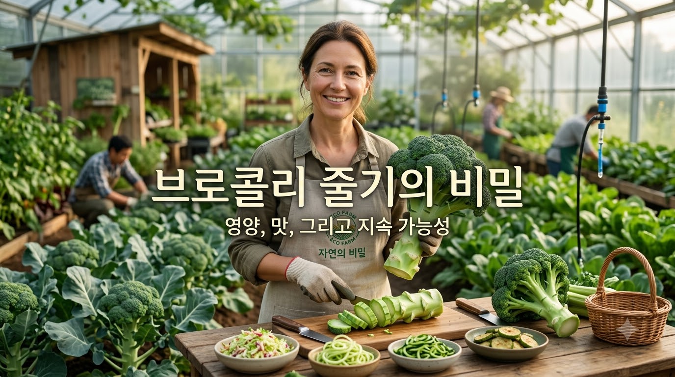 싱그러운 밭에서 수확한 싱싱한 브로콜리와 굵고 튼실한 줄기를 함께 들어 올린 농부의 모습