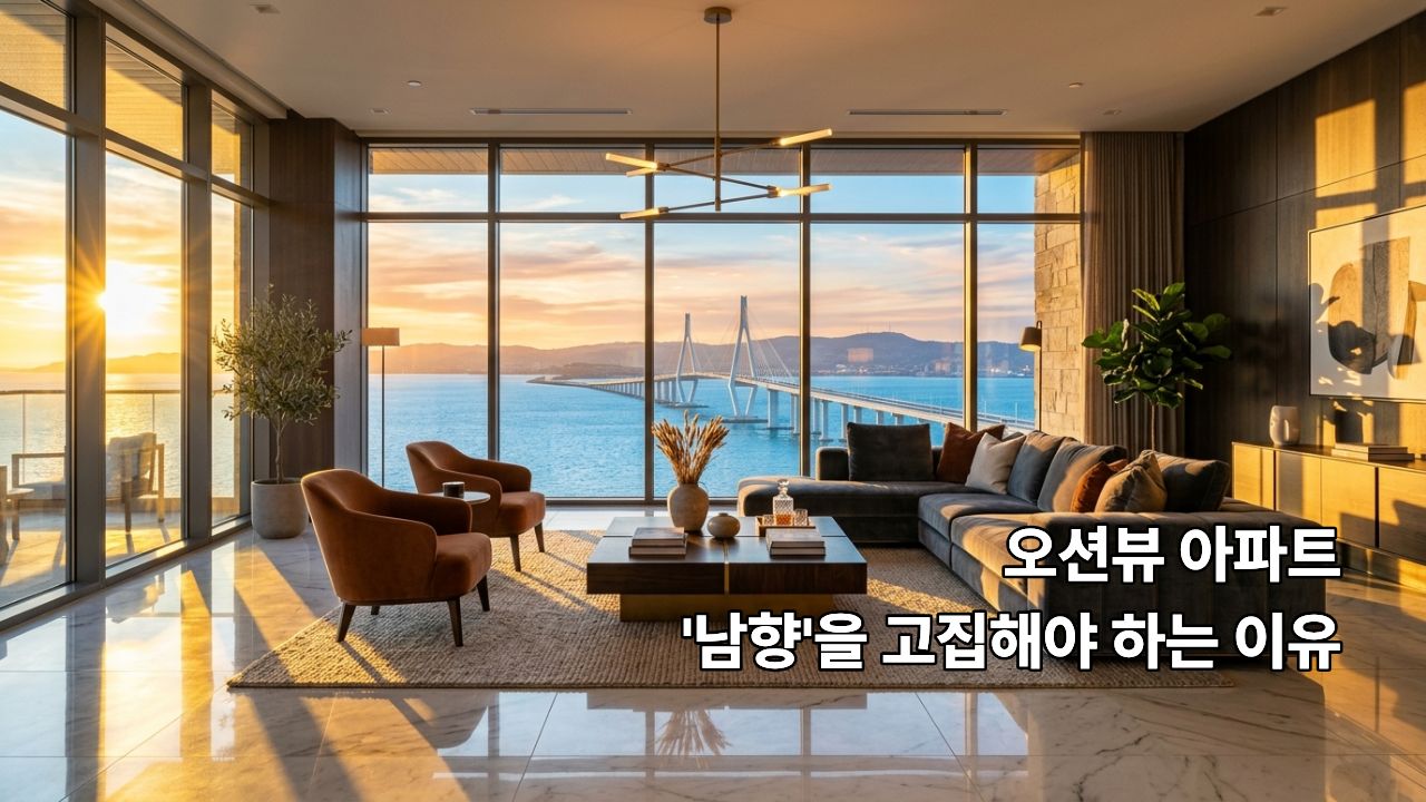 모던한 통창 너머로 광안대교와 푸른 바다가 보이고, 거실 바닥까지 따스한 햇살이 길게 드리워진 하이엔드 펜트하우스 내부.