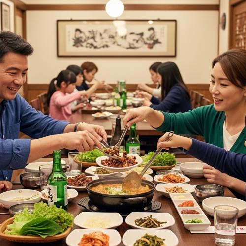 패밀리 레스토랑에서 식사하는 가족 사진