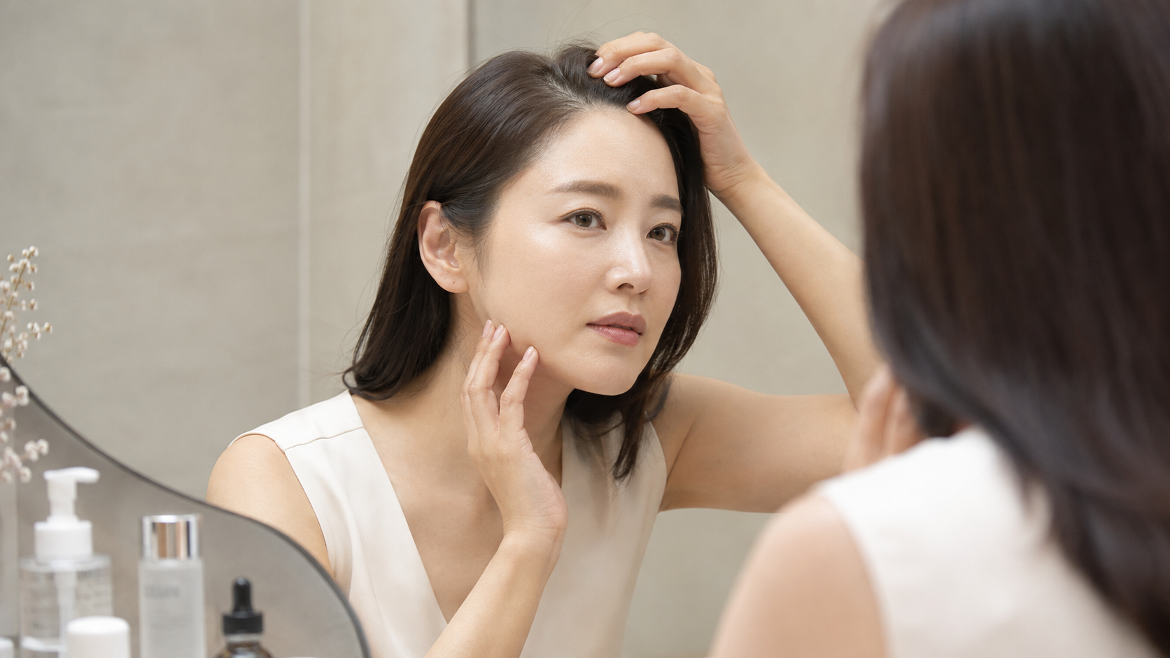 거울을 보며 두피와 얼굴 탄력을 함께 확인하는 여성의 홈케어 장면