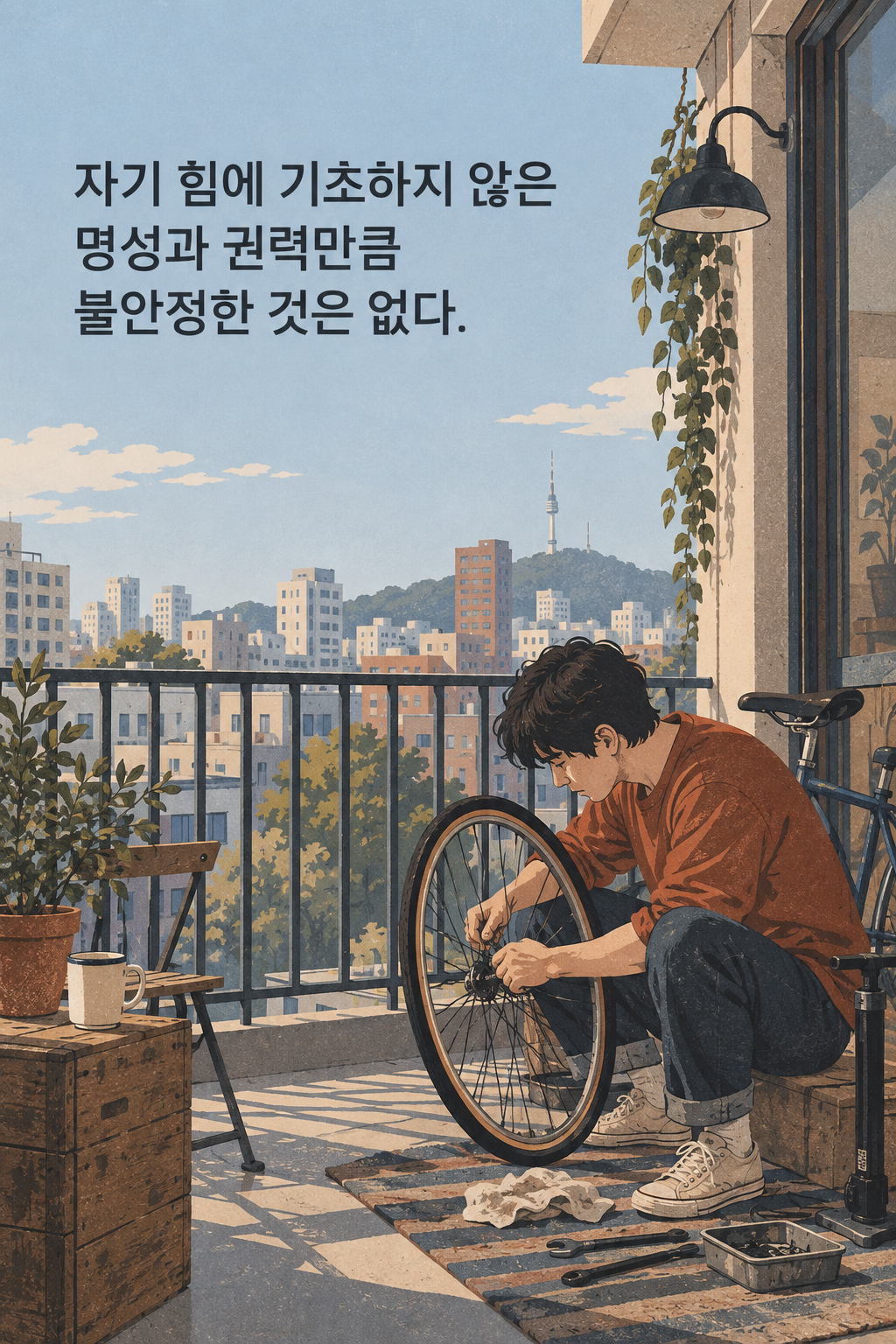 자기 힘에 기초하지 않은 명성과 권력만큼 불안정한 것은 없다. 문구가 담긴 세로형 이미지