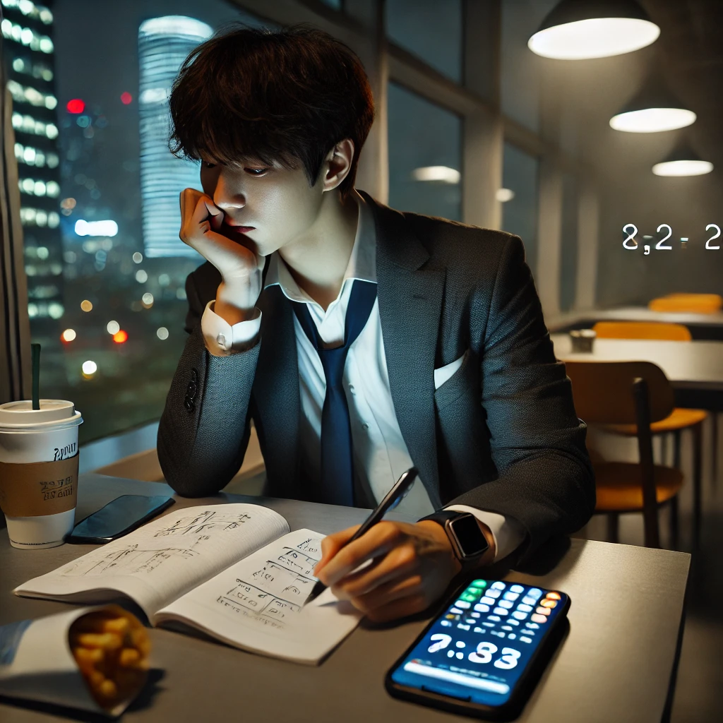 퇴근 후 쉬는 시간에 공부를 하는 직장인 남성