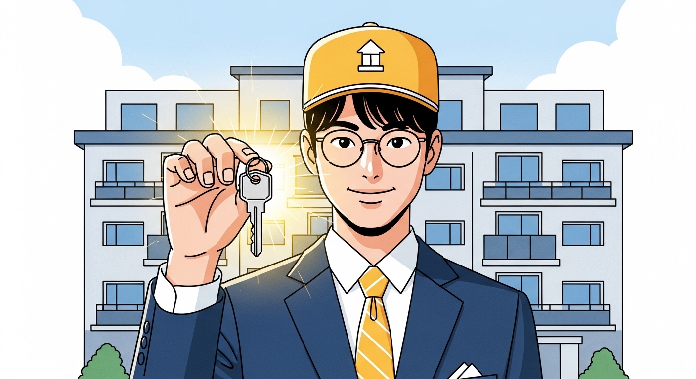 새로운 집 열쇠를 들고 웃고 있는 청년, 안정적인 주거 생활을 시작하는 모습.