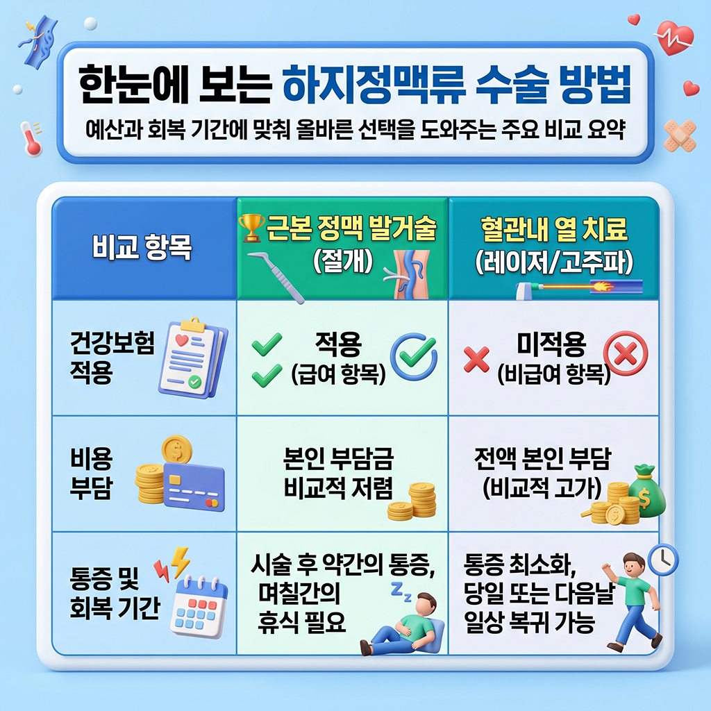 한눈에 보는 하지정맥류 수술 방법 비교표