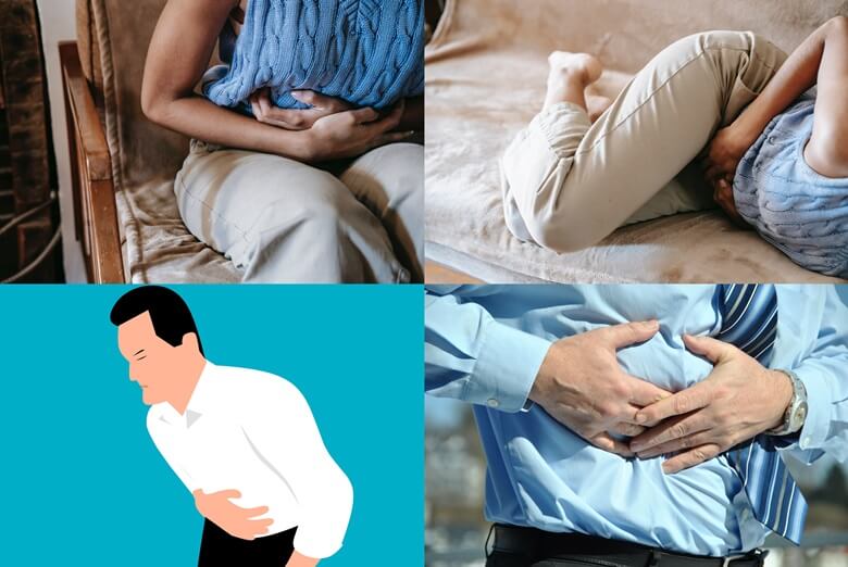 상단은 왼쪽부터 양손으로 배를 움켜쥐고 앉아있는 여성과 바닥에 옆으로 누운 상태에서 배를 움켜쥐고 몸을 구부리고 있는 여성 사진이며 하단은 왼쪽부터 흰 셔츠를 입은 남성이 오른손으로 배를 깜싸고 있는 사진과 푸른 셔츠에 넥타이를 한 남성이 양손으로 배를 깜싸고 있는 사진