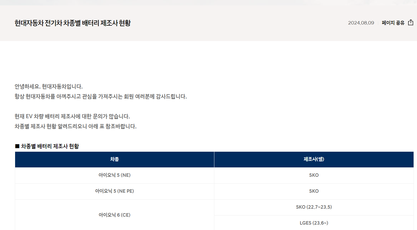 전기차 배터리 제조사 공개, 현대자동차의 선제적 대응