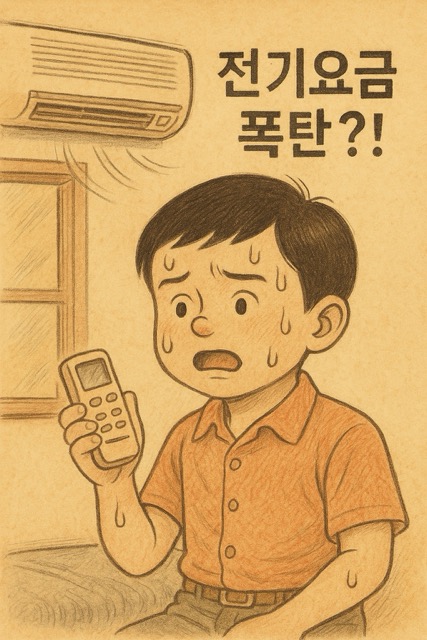 더운 여름, 땀 흘리는 남자아이가 에어컨 리모컨을 들고 걱정하는 장면