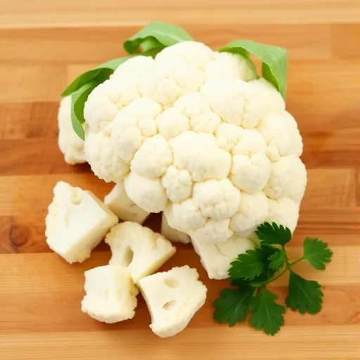 깨끗하게 손질된 신선한 콜리플라워 한 송이가 나무 도마 위에 놓여 있습니다. 일부는 작은 조각으로 잘려 있어 요리 준비의 과정을 암시하며, 옆에는 파슬리 같은 신선한 허브가 소박하게 놓여 있습니다.