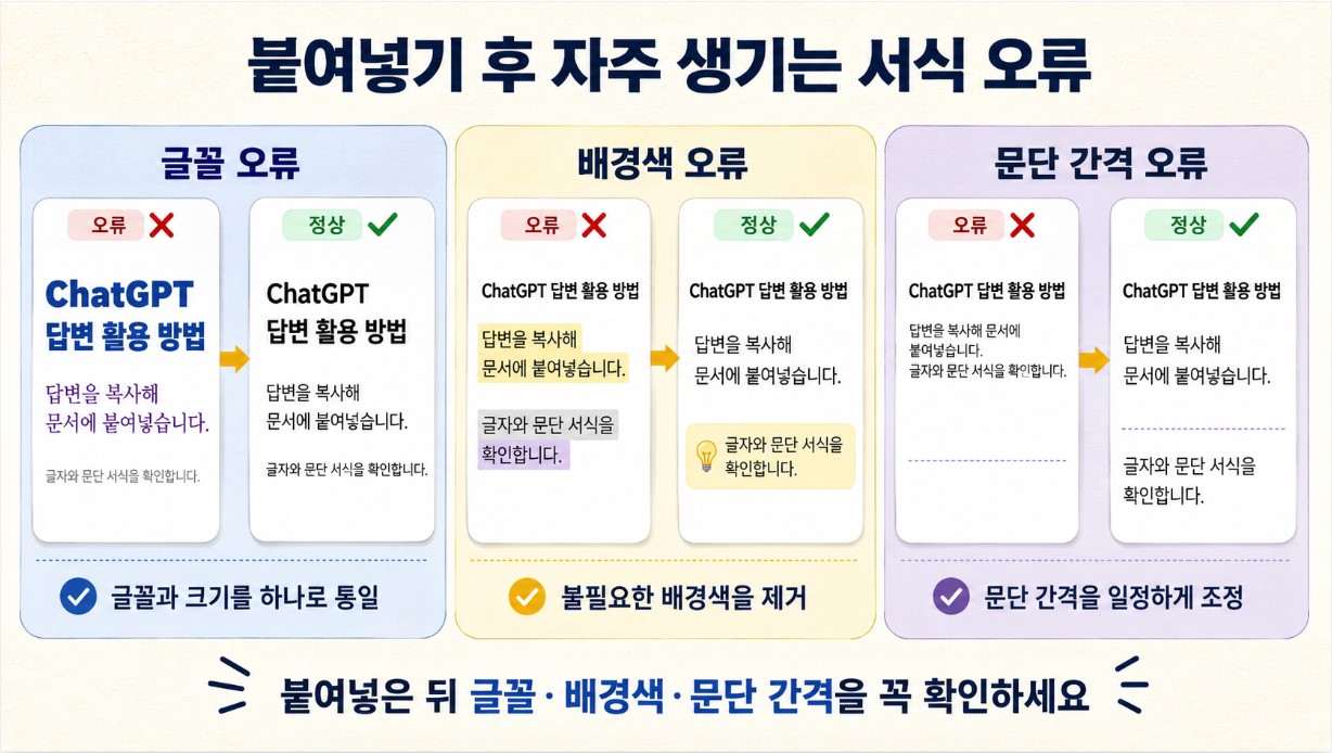붙여넣기 후 서식 오류 한눈에 비교