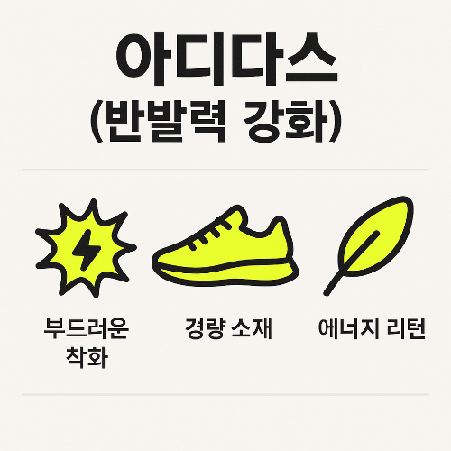 아디다스 운동화는 족저근막염 환자에게 부드러운 착화감과 경량 소재, 에너지 리턴 기능으로 발에 부담을 줄여주는 반발력 강화형 신발로 제안되는 이미지입니다.