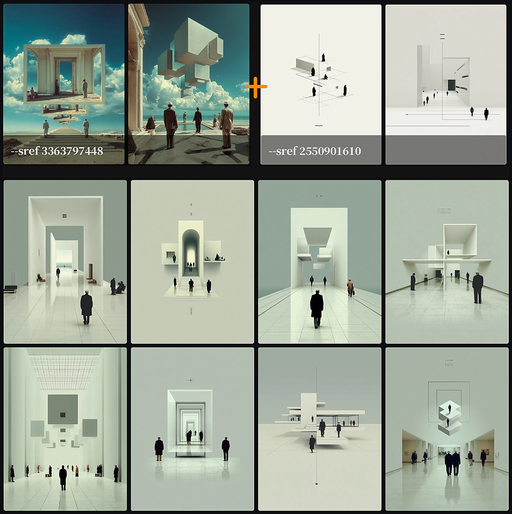 스타일 믹스 실험, 미니멀한 공간에서 부유하는 기하 오브젝트와 초현실적 감성이 조합된 포스터 이미지 예시_Midjourney