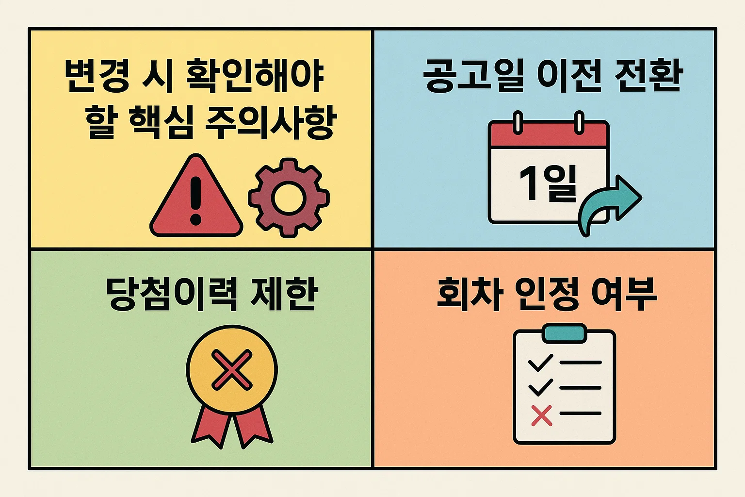 청약통장 변경 시 꼭 확인해야 할 핵심 포인트를 정리한 인포그래픽. 공고일 이전 전환, 당첨이력 제한, 회차 인정 여부 등 주의사항을 시각적으로 안내합니다.