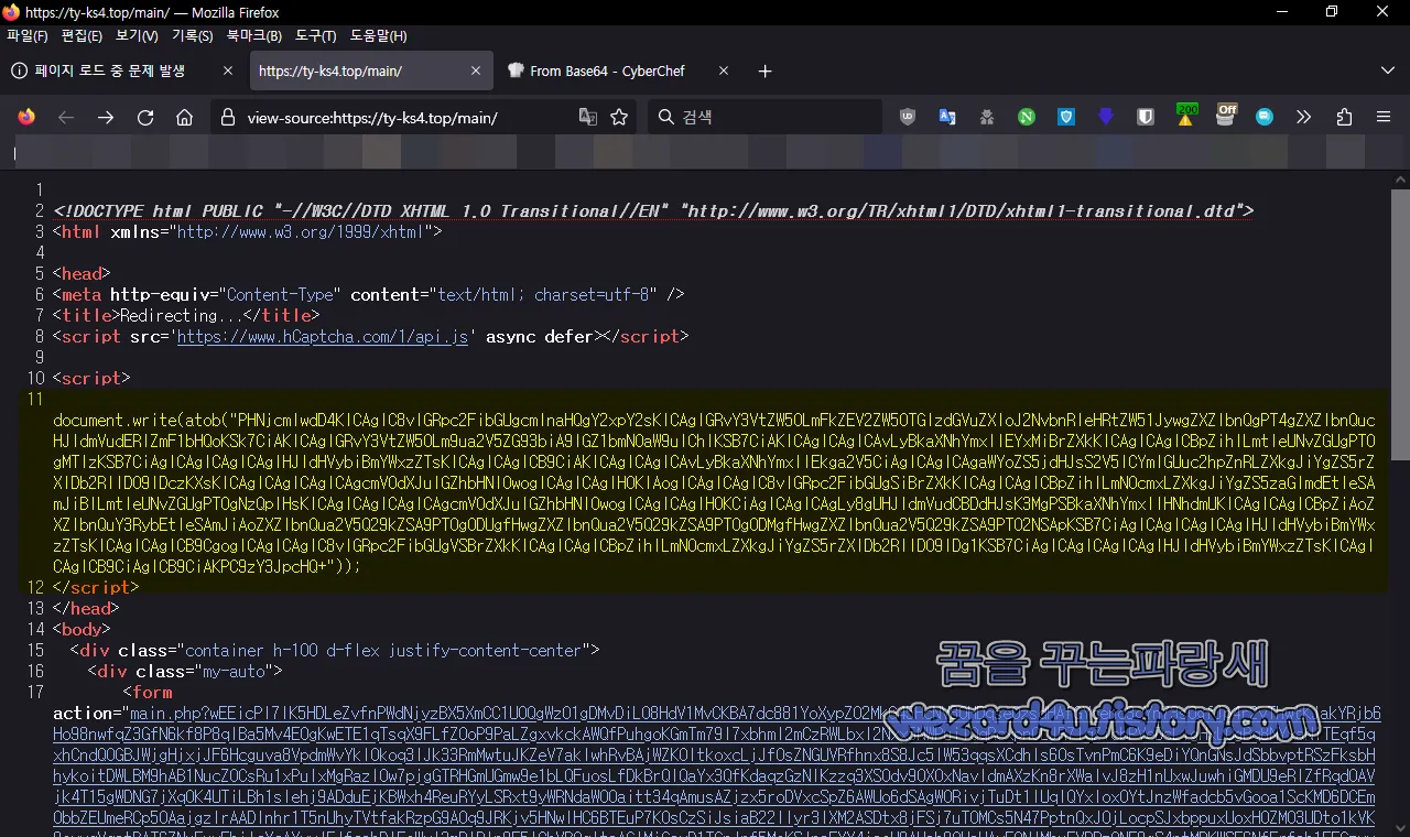 피싱사이트 웹소스 베이스 64 인코딩 부분