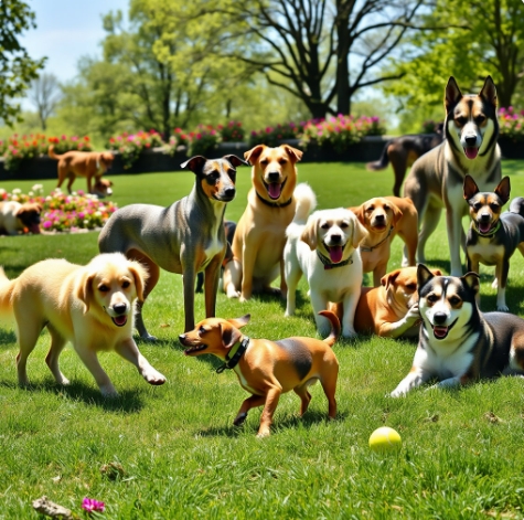 다양한 반려견 품종이 함께 있는 모습