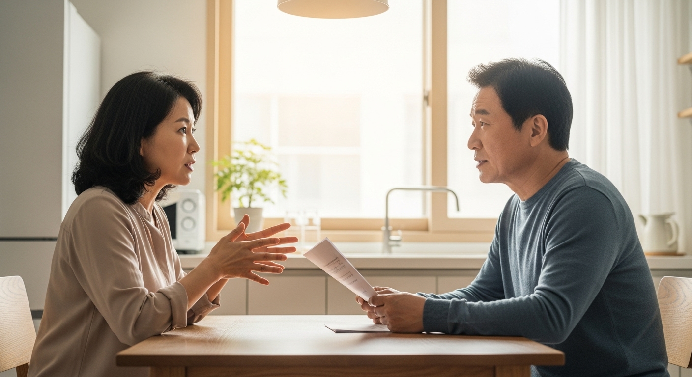 중년 부부가 거실에서 연금 전략을 의논하는 모습