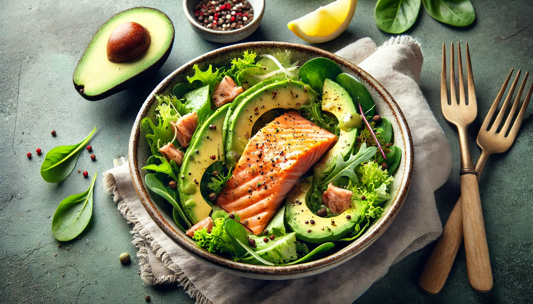 키토 아보카도 연어 샐러드 - 신선한 아보카도와 구운 연어를 곁들인 샐러드