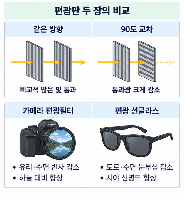 편광필터 두 장의 각도에 따라 통과하는 빛의 양이 달라지고 반사광이 줄어드는 원리를 보여주는 이미지