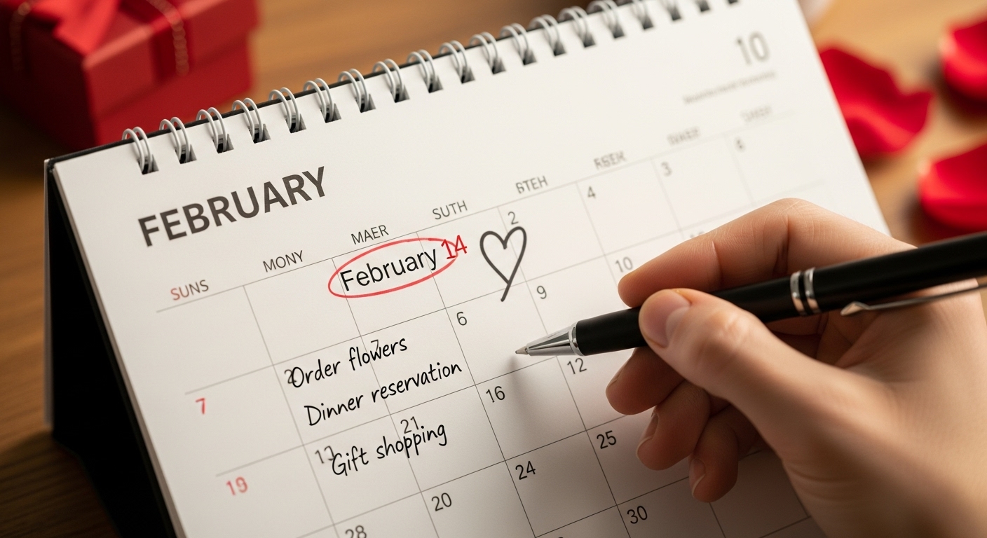 발렌타인데이 선물 준비 일정을 계획하는 달력과 펜의 이미지