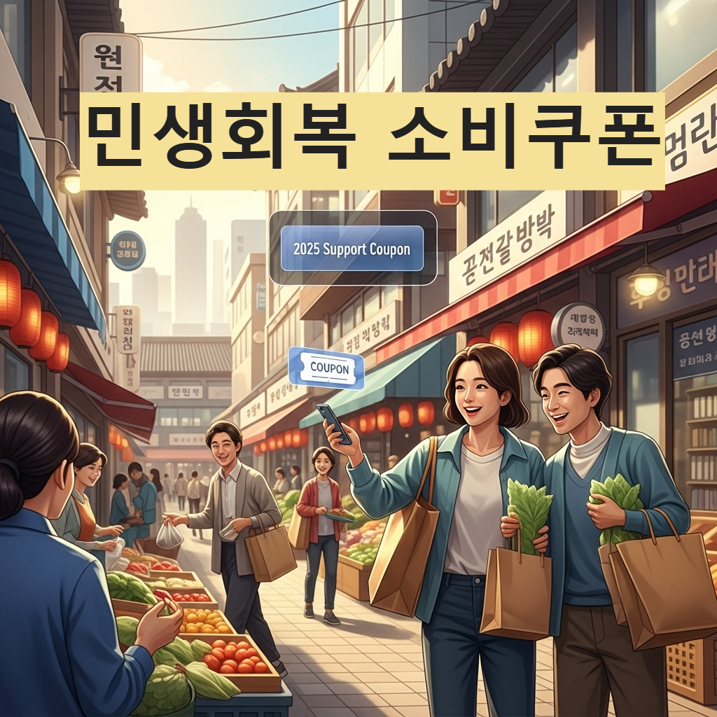 활기찬 전통 시장에서 사람들이 민생회복 소비쿠폰을 사용하여 즐겁게 쇼핑하는 모습. 경제 활성화와 현명한 소비를 상징합니다.