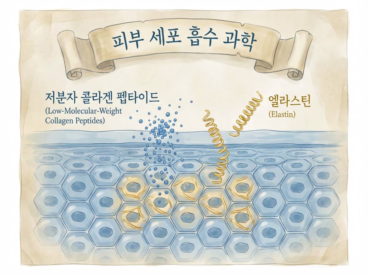 미세한 가루 형태의 저분자 콜라겐 펩타이드와 엘라스틴 분자가 피부 세포 속으로 흡수되는 과학적 일러스트, 푸른색과 금색의 조화,