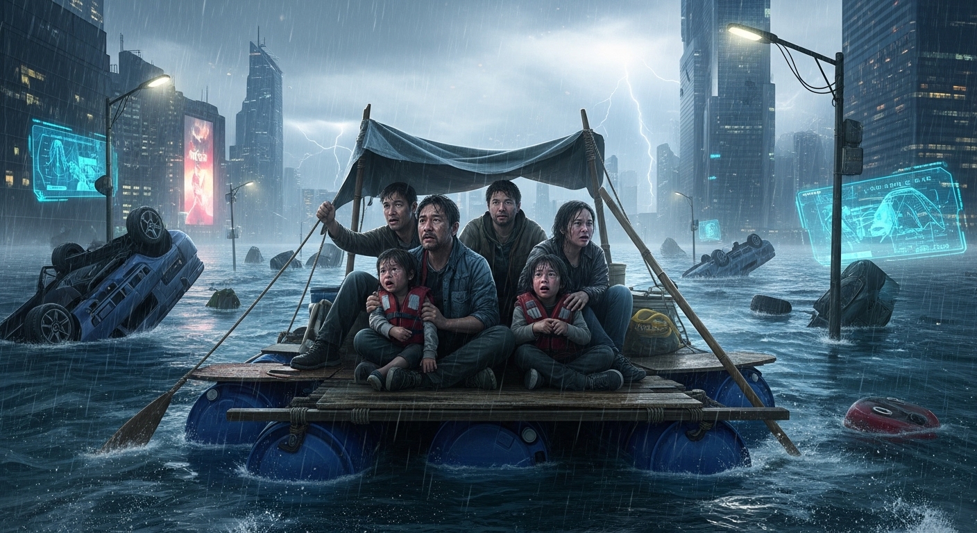 거대한 홍수에 잠긴 도시에서 작은 뗏목 위에서 고군분투하는 생존자들