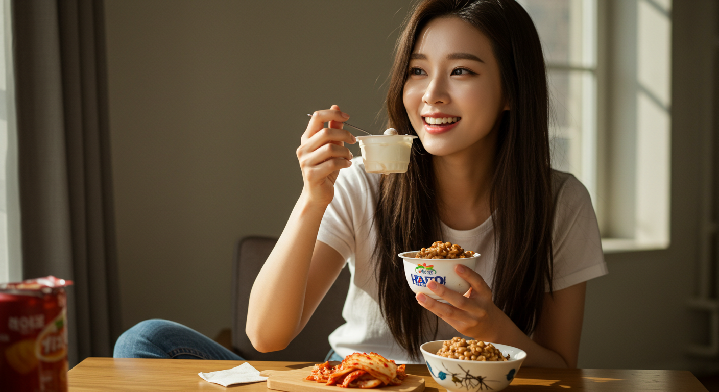 여자가 요구르트, 김치, 낫토를 먹고 있는 모습