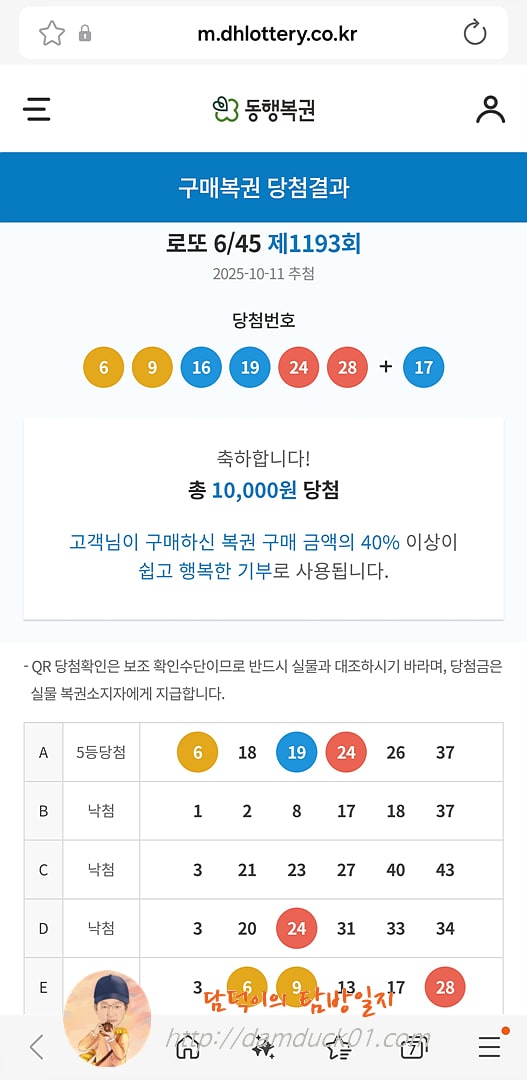 로또 6/45 제1193회 결과