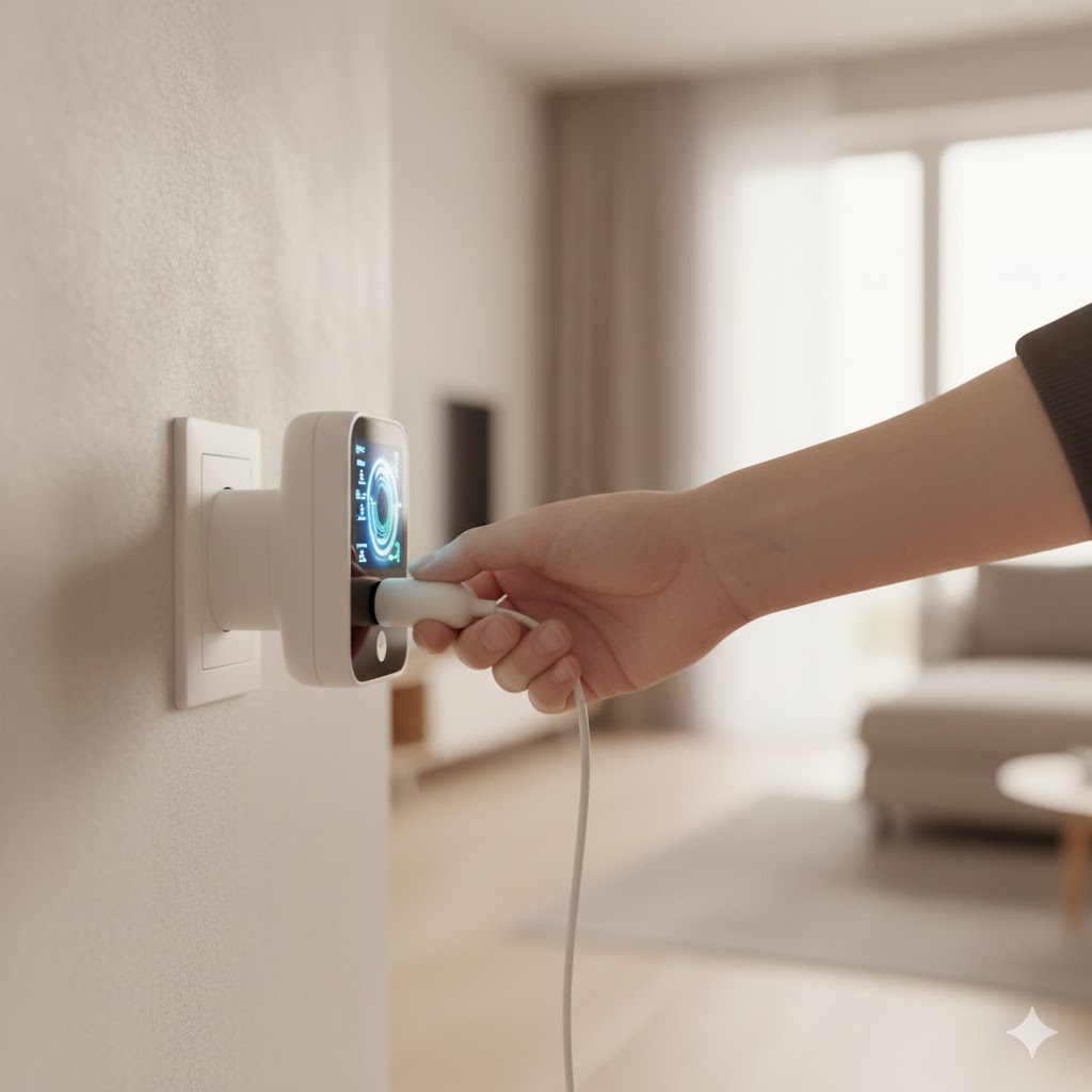 밝은 거실, 한 사람이 흰색 전력 측정기에 전원 코드를 꽂고 있는 손 클로즈업.