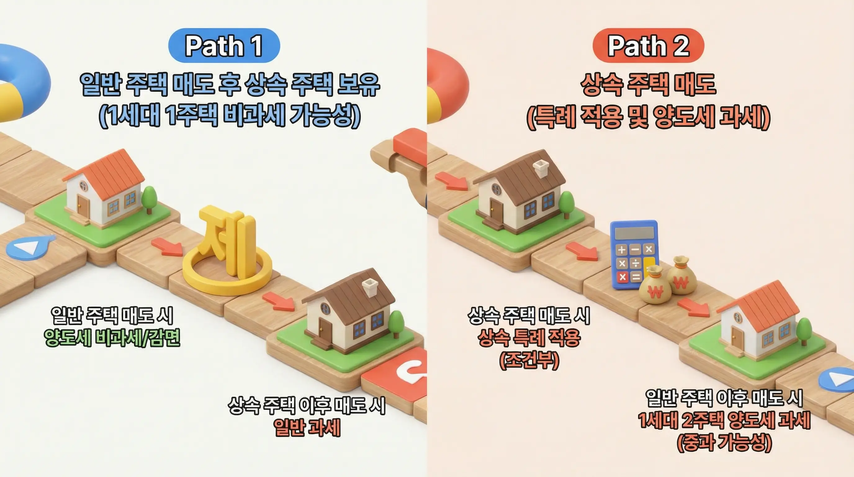 상속 주택과 일반 주택의 매도 순서에 따른 양도세 차이를 비교하는 3D 인포그래픽