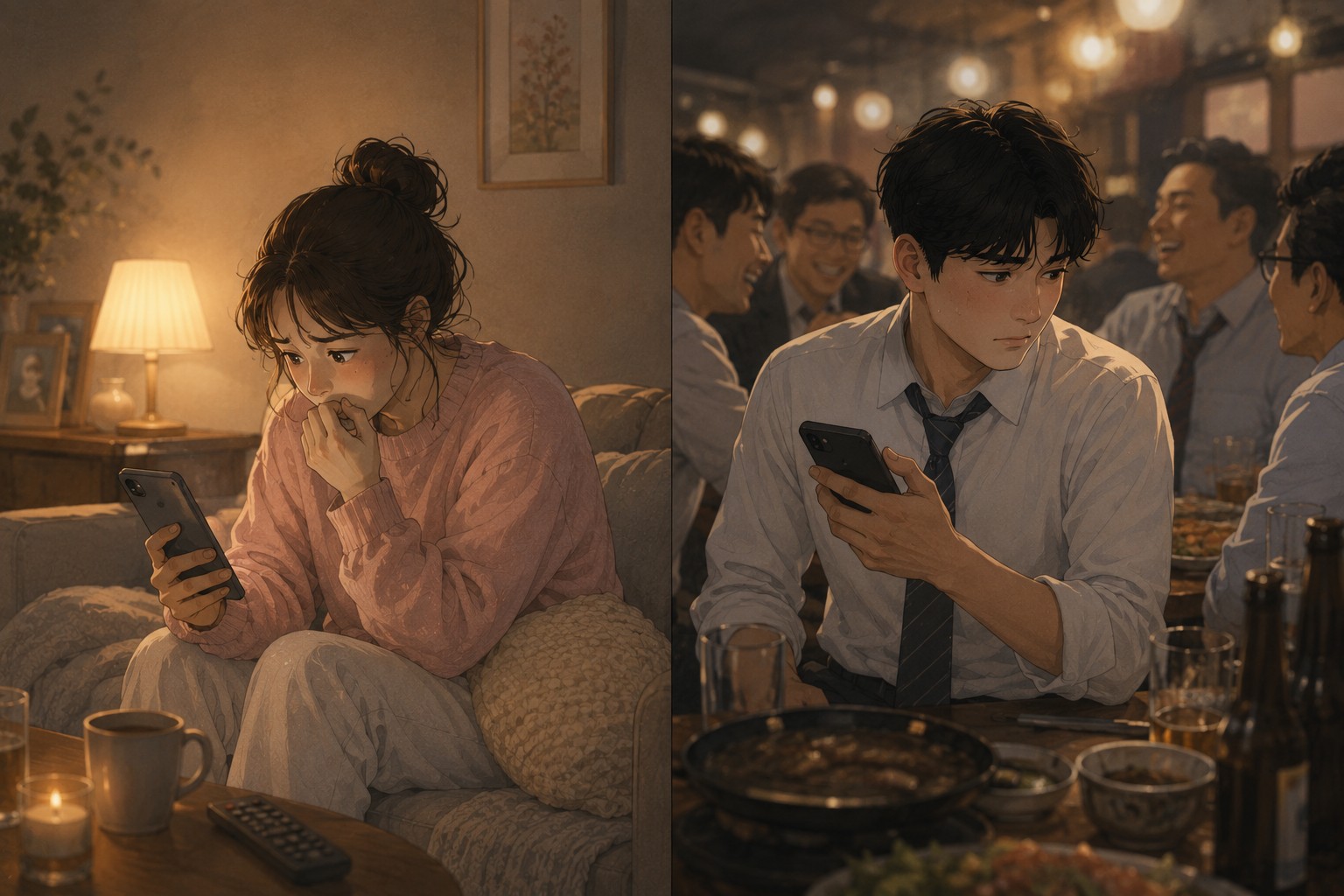 서로를 걱정하는 마음이 오히려 두 사람 모두의 불안을 키우는 상황을 상징적으로 담은 이미지.