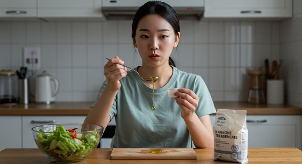한국인 여성이 올리브오일 한 큰술을 들고 주의하는 모습