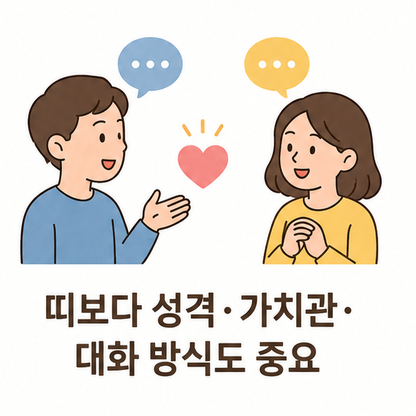 서로 대화하는 사람을 통해 띠뿐 아니라 성격&middot;가치관&middot;대화 방식도 중요함을 보여주는 이미지
