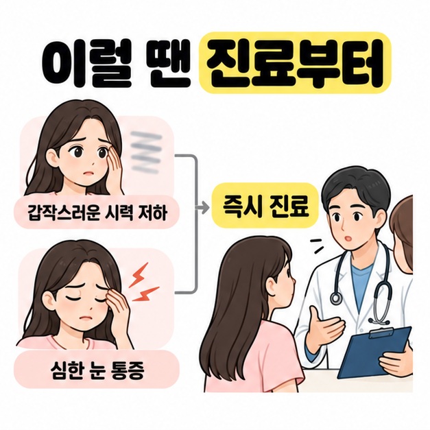 갑작스러운 시력 저하와 심한 눈 통증을 각각 즉시 진료에 연결하고 의료진과 상담하는 장면을 배치한 그림