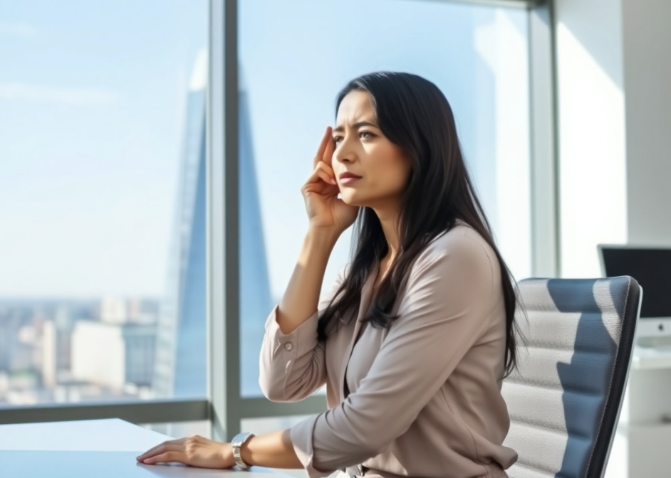 회사 안에서 일하다가 눈아파서 멀리 떨어져있는 건물 바라보고 있는 여자 사진