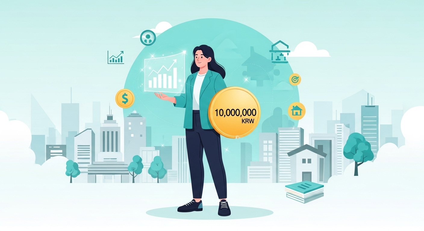 미래 도시를 배경으로 희망찬 표정의 청년이 1천만원 동전을 들고 있는 모습, 2026년 청년지원금을 통해 자산 형성의 기회를 얻는다는 메시지를 전달합니다.