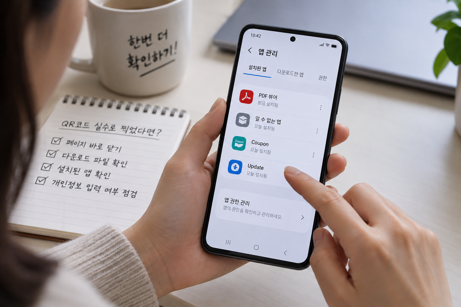 QR코드를 실수로 찍은 뒤 휴대폰에서 최근 다운로드 파일과 설치된 앱을 확인하는 모습의 AI 이미지