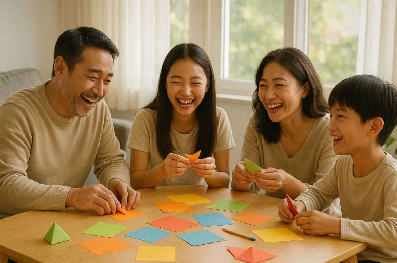 거실에서 가족이 함께 종이접기하며 웃는 모습