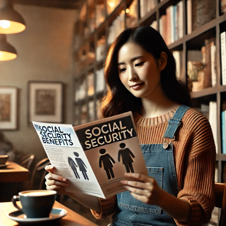 카페에서 사회 보장 혜택에 관한 팸플릿을 읽는 젊은 여성