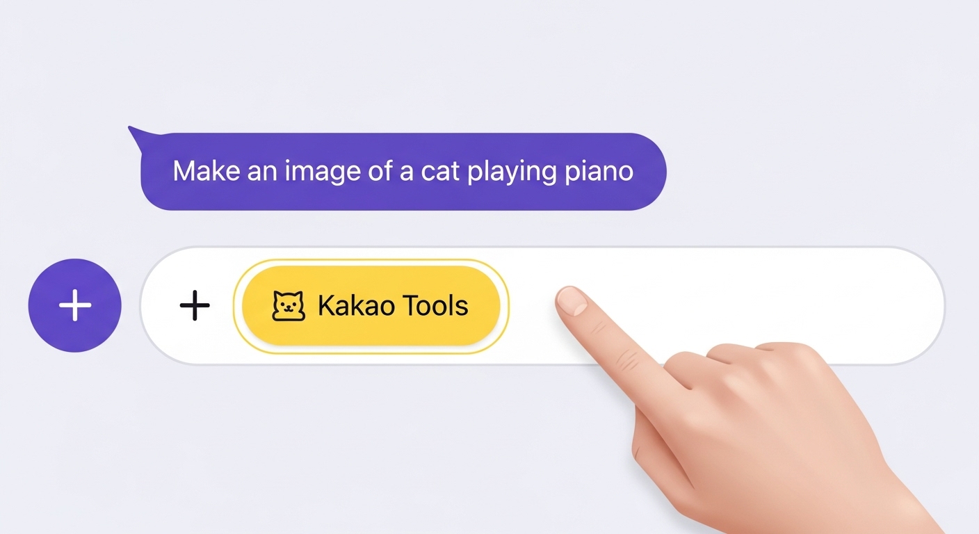 카카오톡 챗GPT 채팅창 하단에 강조된 '카카오 툴즈' 버튼과 AI 이미지 생성 프롬프트가 입력된 모습.