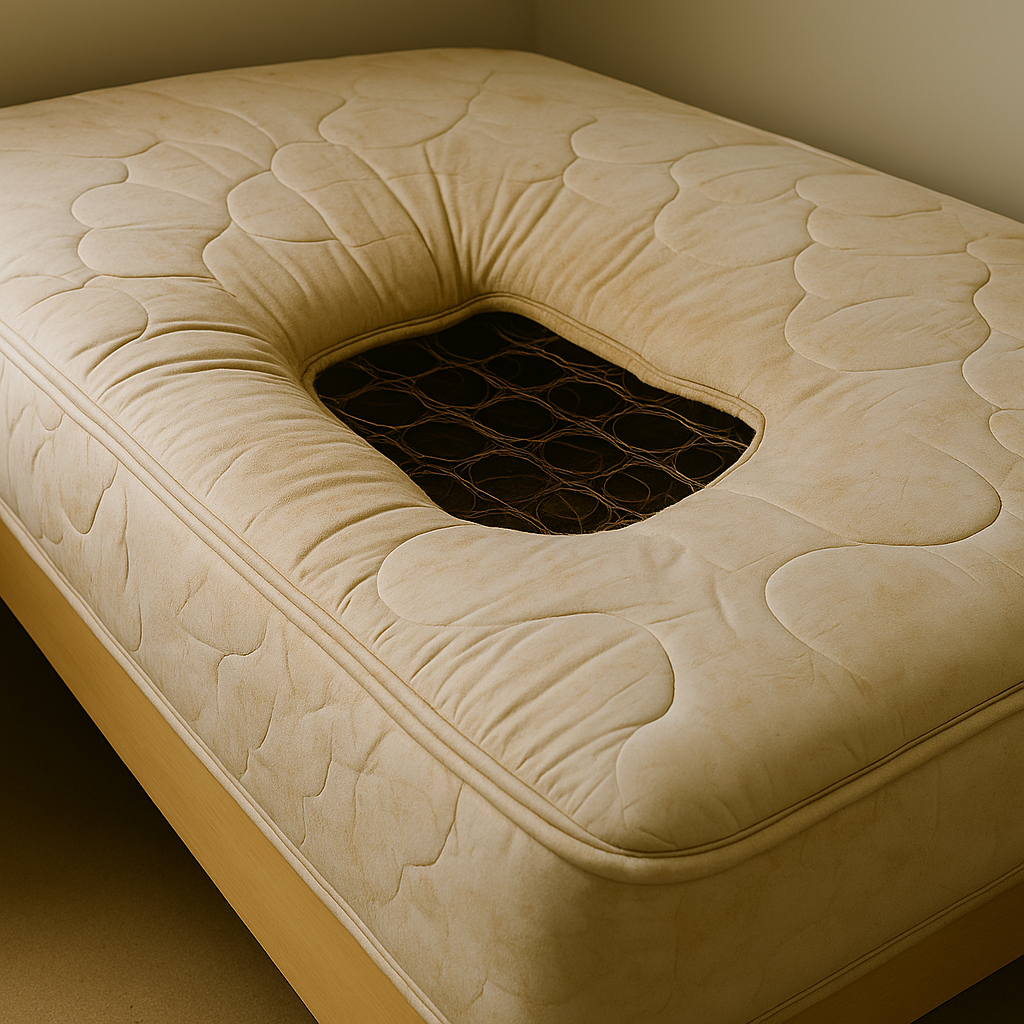 중앙이 깊게 꺼지고 금속 스프링이 노출된 낡은 매트리스 사진