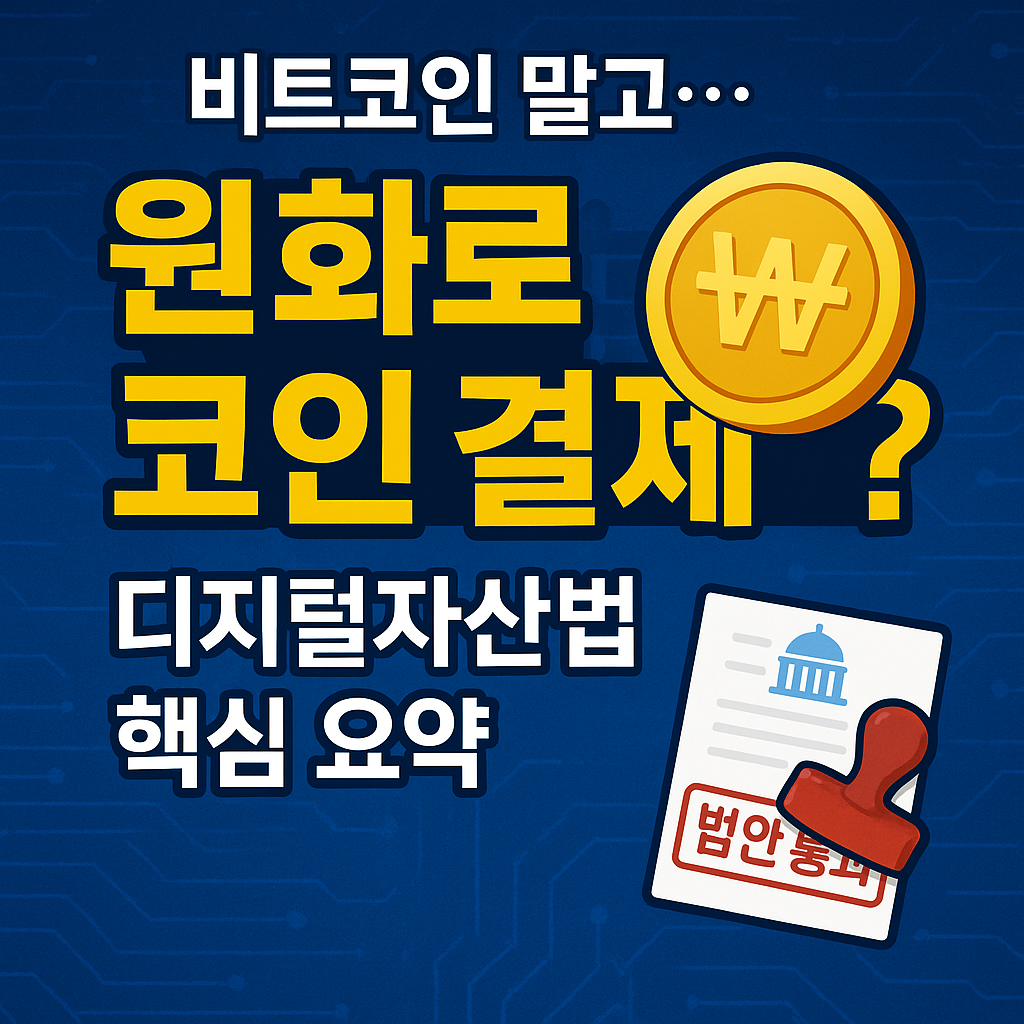 원화 스테이블코인 개념을 설명하는 썸네일 – ₩ 코인 아이콘, 디지털 법안 통과 강조 문구 포함된 디자인