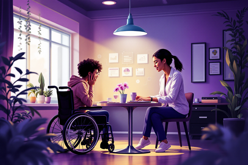 휠체어를-타고-있는-장애인-남성과-의료인