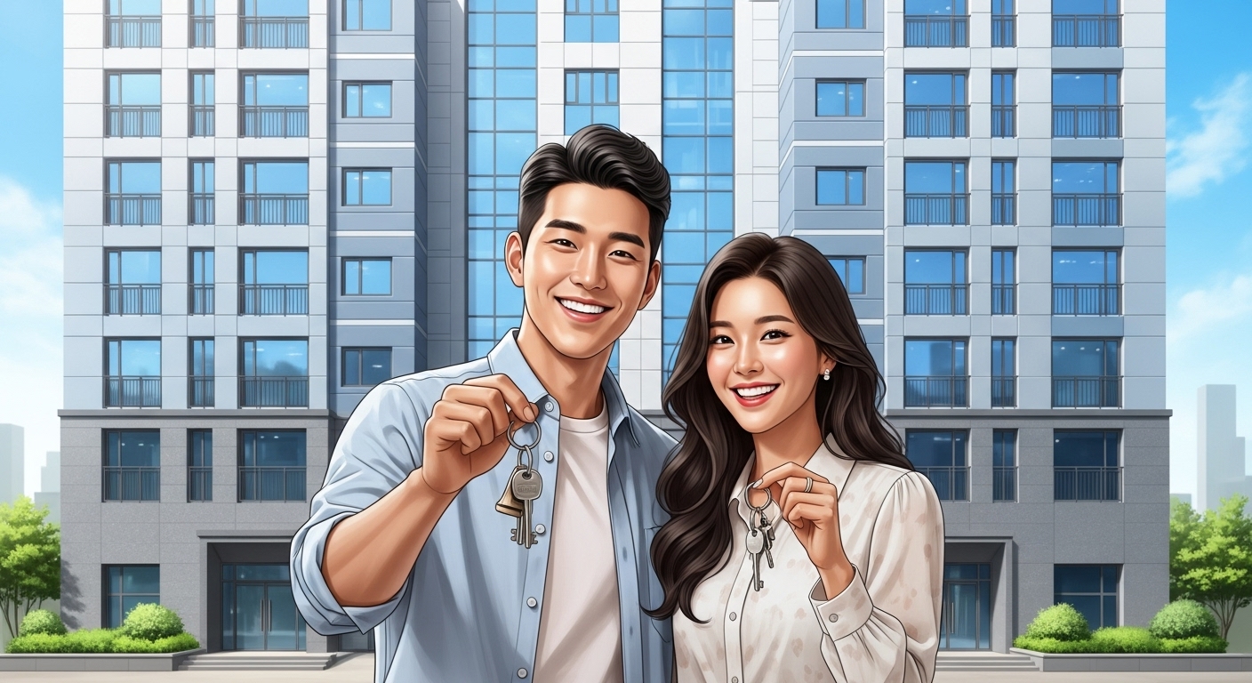 새 아파트 앞에서 열쇠를 들고 환하게 웃는 젊은 한국인 부부, 주거 안정 지원 혜택을 상징합니다.