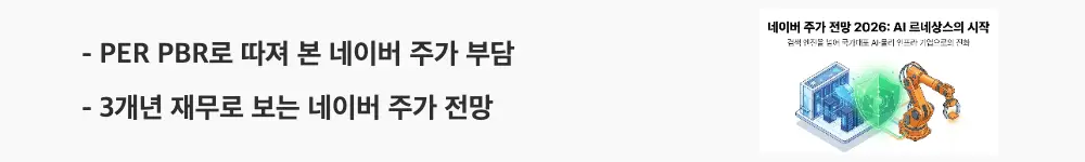 네이버 주가 전망: 'PER PBR로 따져 본 네이버 주가 부담'이라는 문구가 포함된 웹배너 이미지. 이 이미지는 네이버의 3개년 밸류에이션과 재무 안정성을 시각적으로 전달하며, 블로그의 네이버 주가 전망 주제와 관련된 내용을 설명함