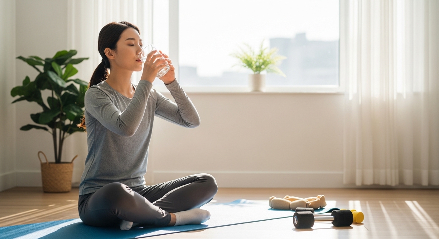 아침 스트레칭 후 물을 마시는 하루 10분 건강 루틴 모습
