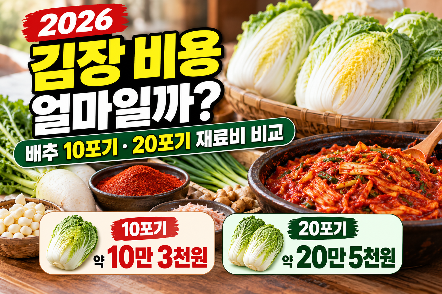 2026 김장 비용 비교 썸네일 이미지. 배추, 무, 고춧가루, 마늘 등 김장 재료와 배추 10포기 약 10만 3천 원, 20포기 약 20만 5천 원의 예상 재료비를 보여주는 이미지.