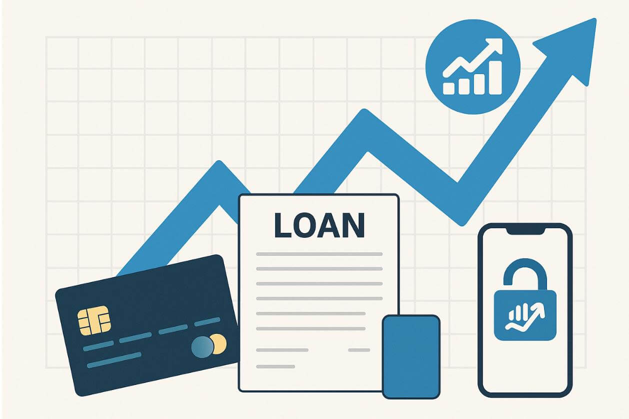 상승 그래프와 신용카드, 대출, 금융앱 아이콘