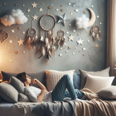 꿈의 장식과 별, 구름이 가득한 방에서 잠자는 사람.